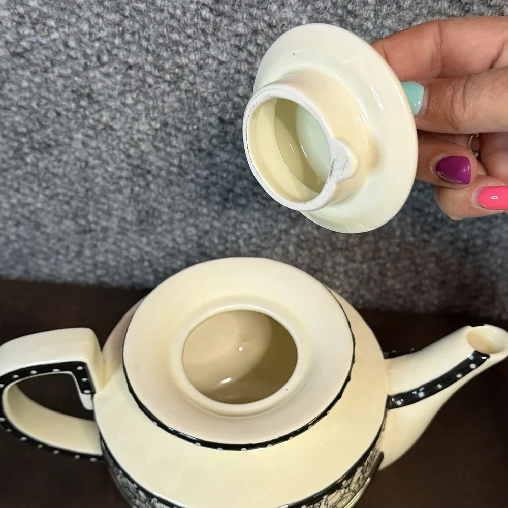 Vintage Mud Pie Paris Collection Cream & Black Toile & Floral Teapot